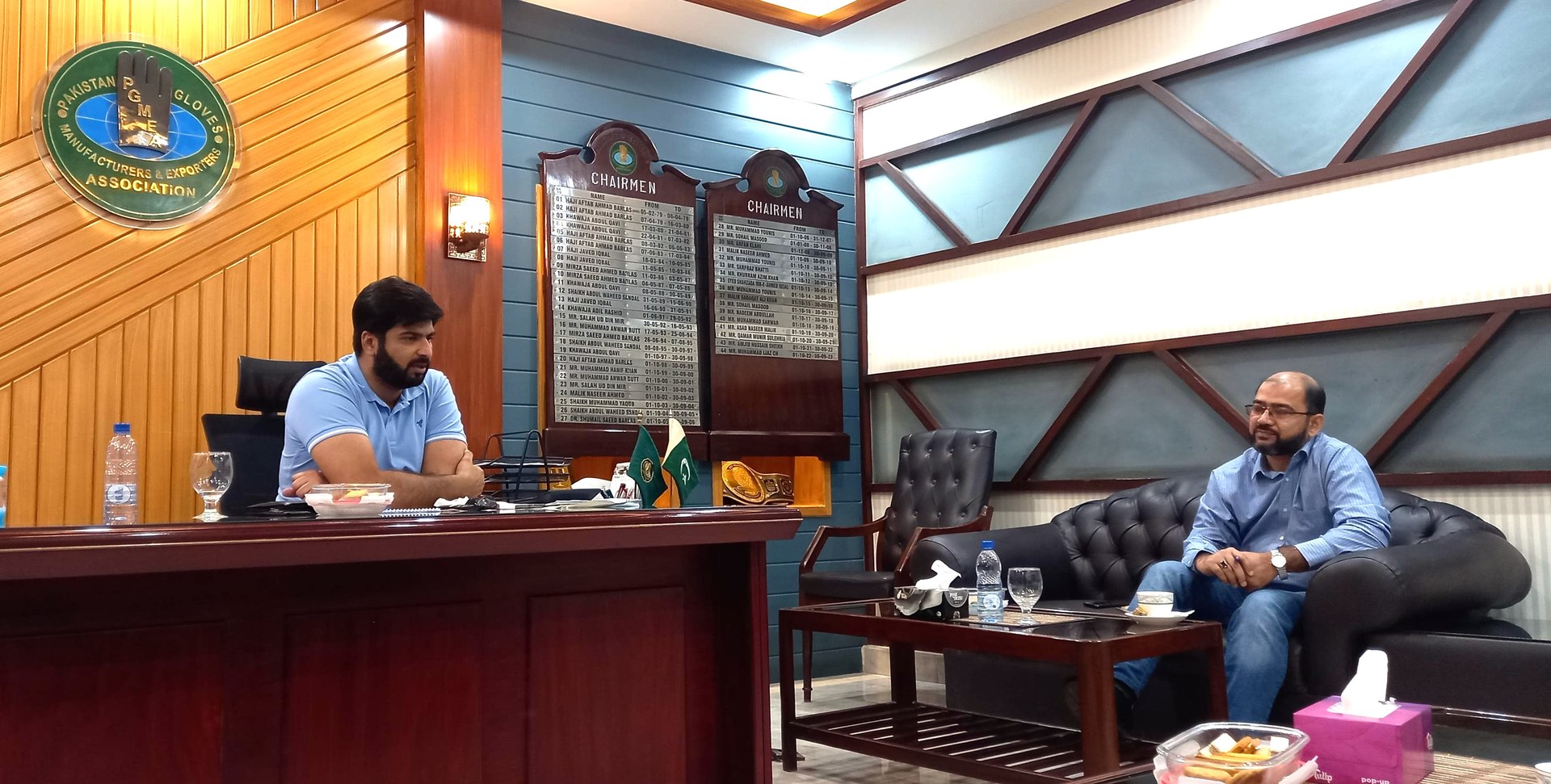 Mr. Qasim Mehmood Sadhra, Chairman Pakistan Gloves Manufacturers & Exporters Association, met with Mr. Muhammad Naeem Ansari, National Coordinator for Enterprises Support, at the PGMEA office. During the meeting, Mr. Chairman discussed strategies to increase awareness of International Labour Organization projects and enhance the productivity of small businesses in accordance with international labor and environmental standards.